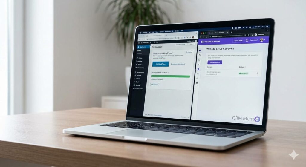 Feature image showing WordPress dashboard and Hostinger hosting panel on a laptop screen after successful installation.