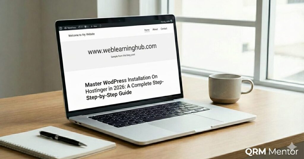 Laptop screen showing the WebLearningHub website live with the published blog post visible after WordPress installation.