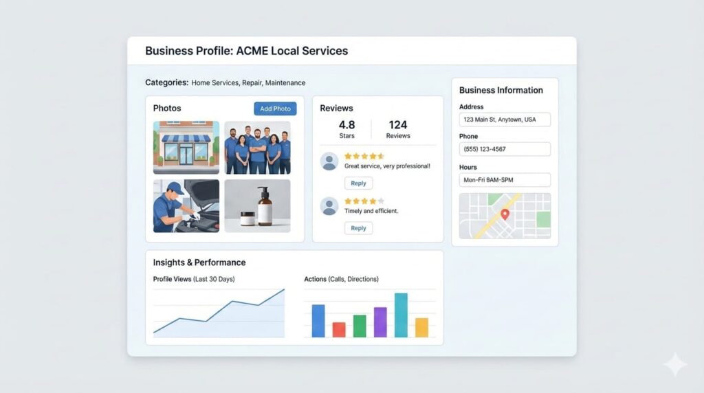 “ACME Local Services Google Business Profile with categories, reviews, and performance insights”