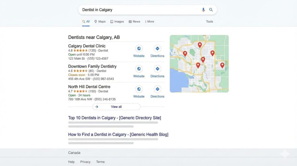 “Google Map Pack results for dentist in Calgary search”