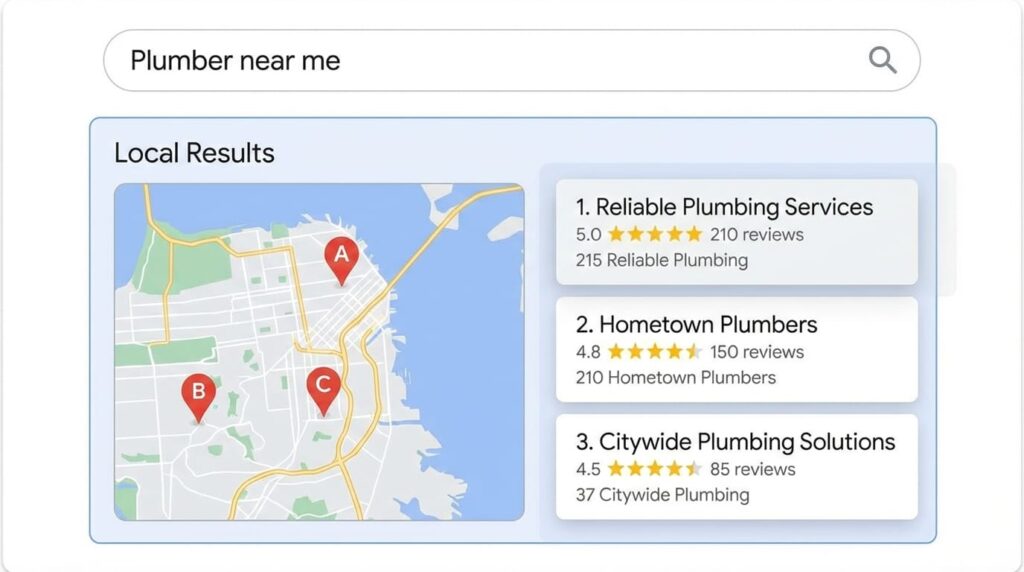 “Local map showing top plumbing businesses for ‘plumber near me’ search”
