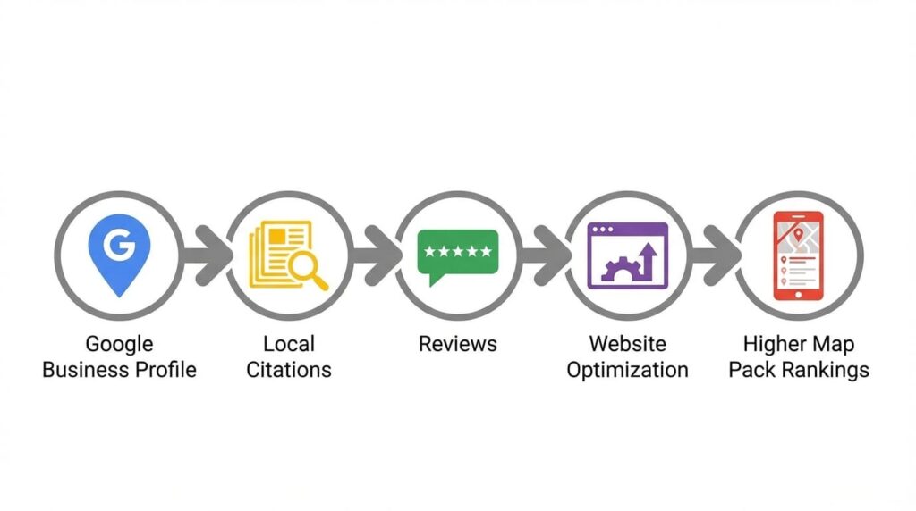 “Local SEO factors icons including GBP, citations, reviews, website optimization, map, ranking”