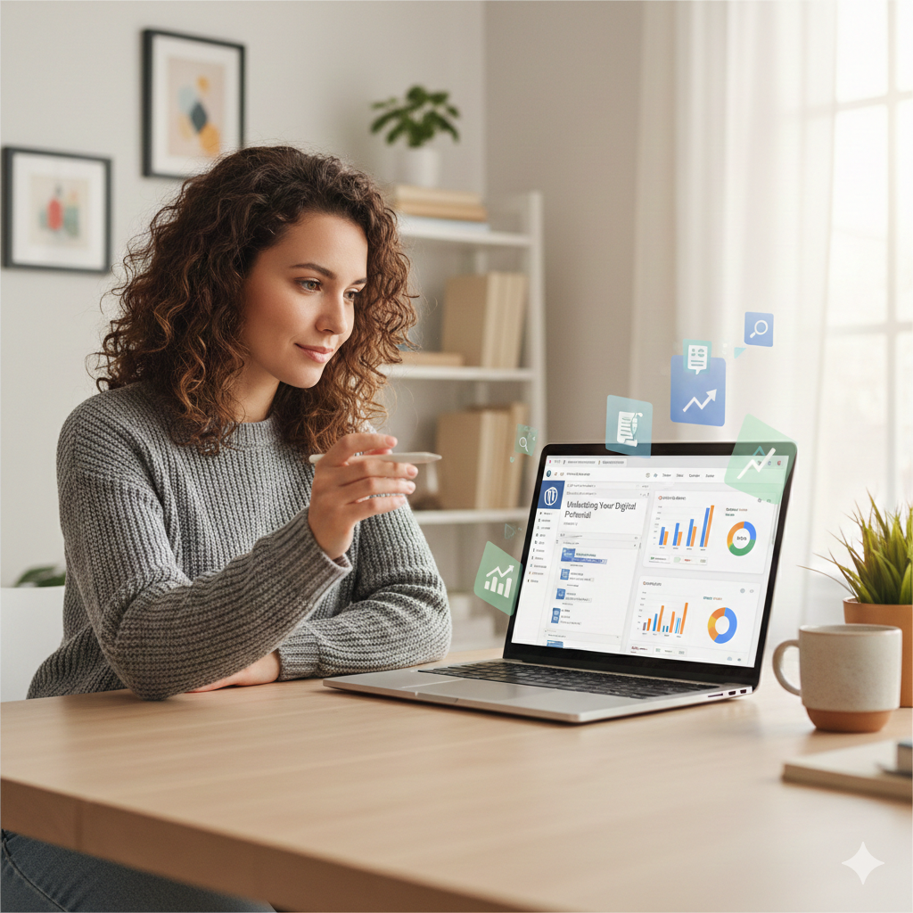 Young mentor working on a laptop with WordPress and SEO dashboard in a modern digital workspace, representing learning WordPress and Local SEO from zero.